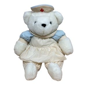 Vintage 1989 Prestige Toy Corp White Nurse Bear w/Red Cross Uniform Plush RARE